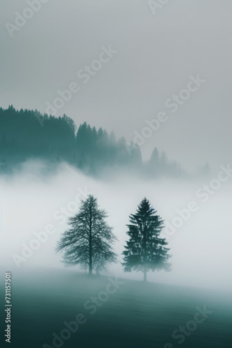 Trees silhouettes, vertical shot. Moody foggy forest in nature landscape. Minimalistic background for social media post or smartphone wallpaper