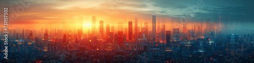 An urban landscape glows with the vibrant colors of a setting sun, casting a dreamy haze over the towering skyscrapers and fluffy clouds that adorn the city skyline
