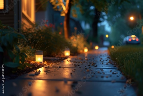 A serene moonlit walkway in a well-maintained suburban neighborhood, illuminated by lampposts
