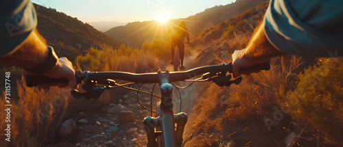 POV mountain biker navigating a rugged trail at sunrise, wide angle to convey adventure and challenge amidst natural beauty