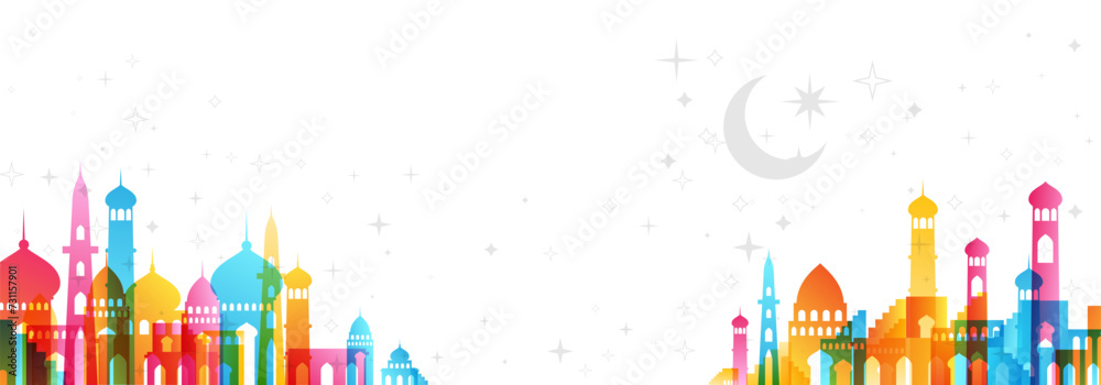 Muslim cityscape. Colorful horizontal border from traditional islamic architecture. Vector decorative divider.