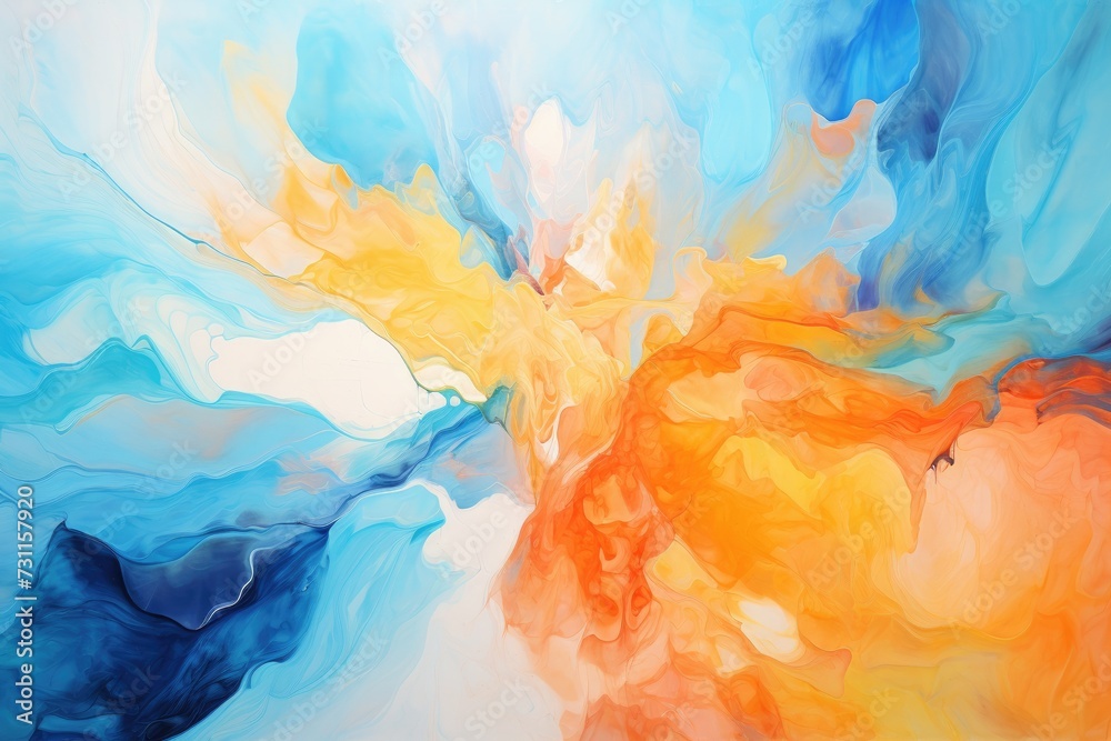 An abstract painting featuring a vibrant mix of blue, yellow, and orange colors, Play with orange and blue hues on a canvas to make them seem like splashing waters, AI Generated