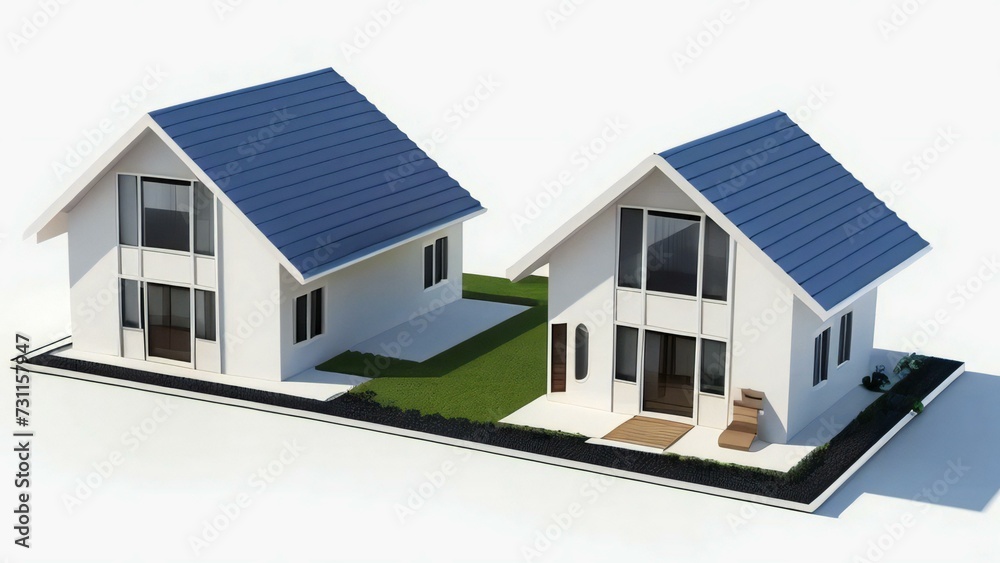 3d house model rendering on white background, Clean and precise 3D illustration modern cozy house. Concept for real estate or property.