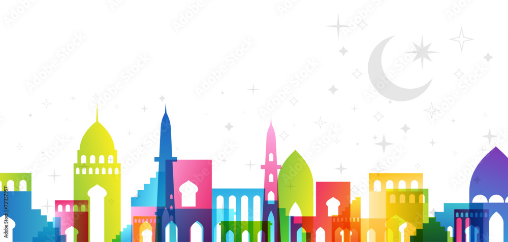 Muslim cityscape. Colorful horizontal border from traditional islamic architecture. Vector decorative divider in rainbow colors.