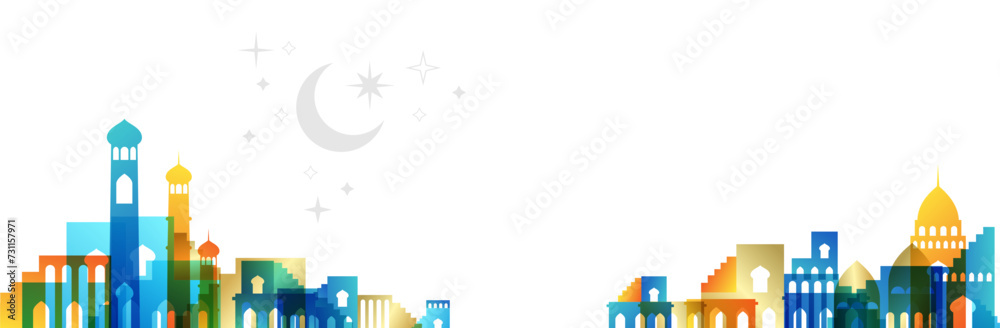 Muslim cityscape. Horizontal border from traditional islamic architecture. Vector decorative divider.
