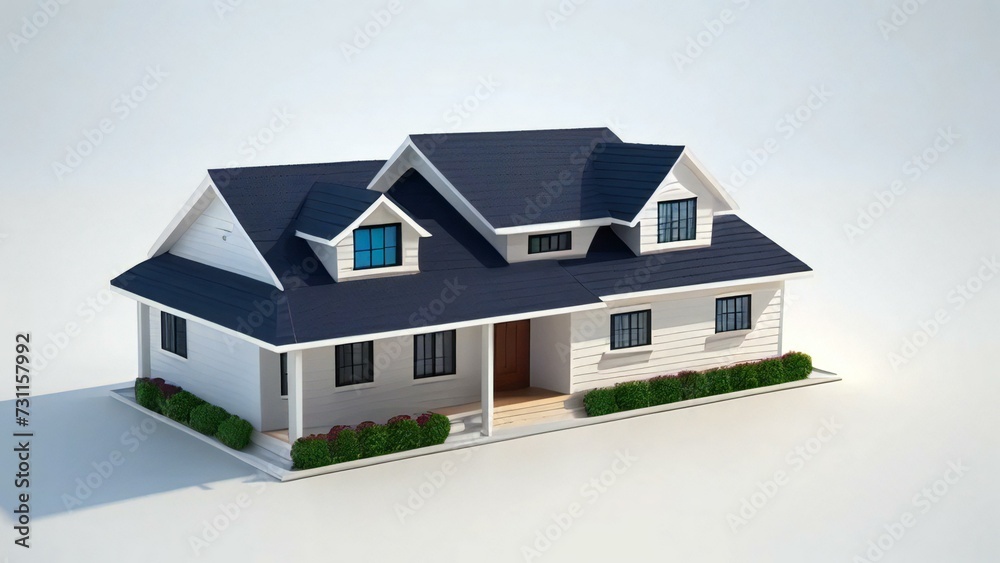 3d house model rendering on white background, Clean and precise 3D illustration modern cozy house. Concept for real estate or property.