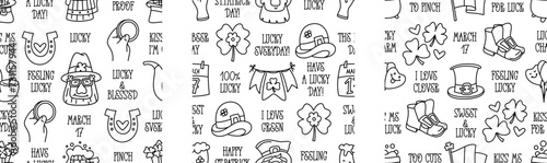 St Patricks day doodle style seamless pattern in black and white  hand-drawn icons and quotes background  cute Irish holiday symbols and elements collection.