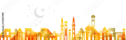 Muslim cityscape. Colorful golden horizontal border from traditional islamic architecture. Vector decorative divider.