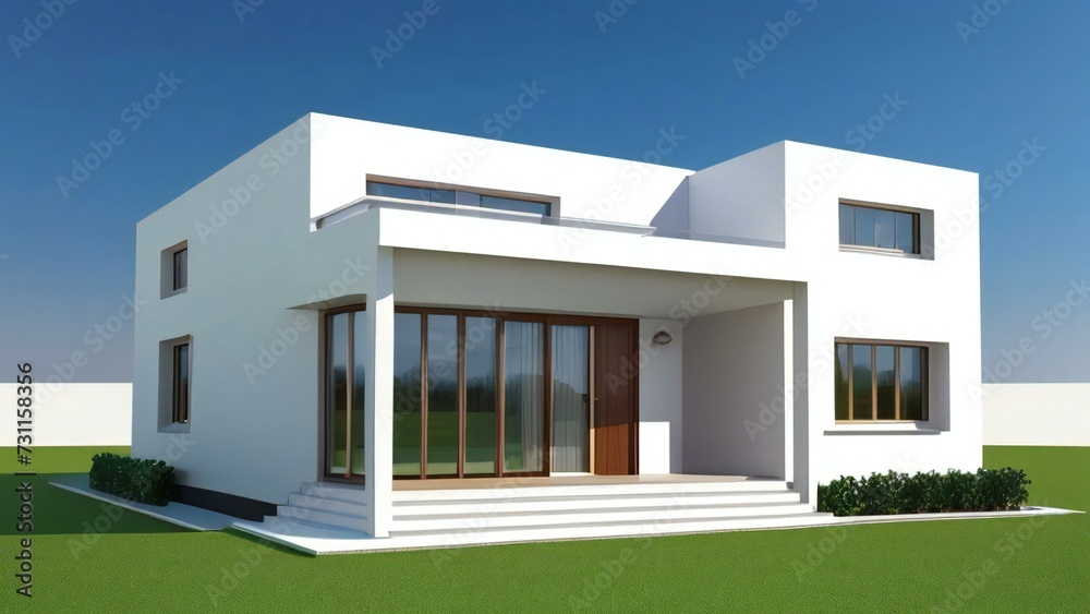 3d house model rendering on white background, Clean and precise 3D illustration modern cozy house. Concept for real estate or property.