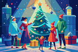 A happy family gathered around a decorated Christmas tree. vektor illustation