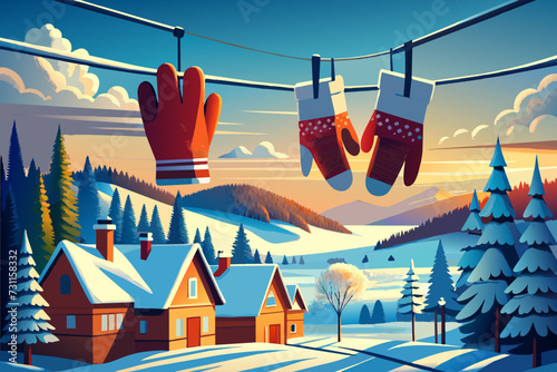 A pair of mittens hanging from a clothesline. vektor illustation