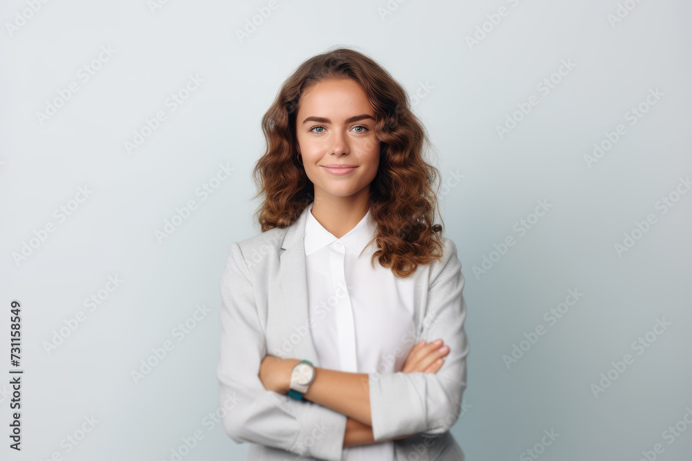 A woman strikes a confident pose as she crosses her arms, ready for a picture. A woman strikes a confident pose as she crosses her arms, ready for a picture.