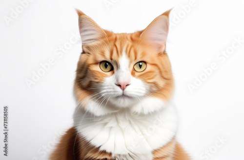 Pretty fluffy cat sitting up facing front. Looking at camera with green eyes. Isolated on a white background. Portrait of ginger tabby cat. Beautiful cute orange striped cat close up. Banner design