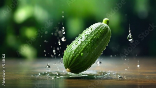 Fresh Cucumber with drops of water on green blurred background