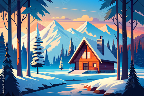 A quaint cottage nestled in a snowy forest clearing. vektor illustation