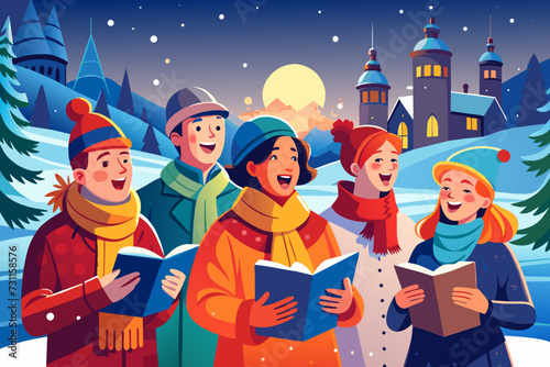 A group of cheerful carolers singing in harmony. vektor illustation