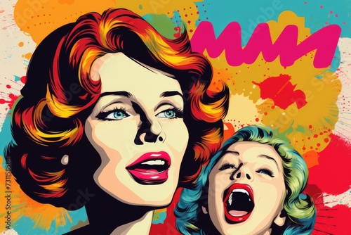 A painting featuring two women with their mouths open, expressing intense emotions, Pop Art rendition of Mothers Day, complete with vibrant colors and comic strip style bubbles, AI Generated