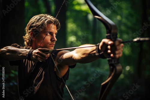 A man holds a bow and arrow as he stands among the trees in the wooded area.