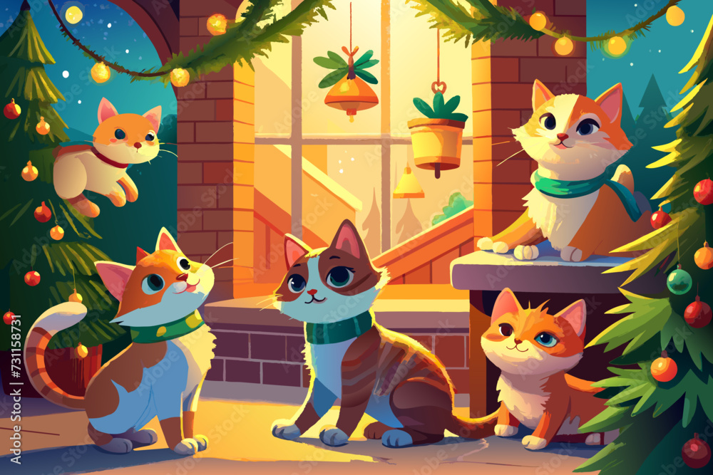 Naklejka premium A group of playful kittens exploring a Christmas tree. vektor illustation