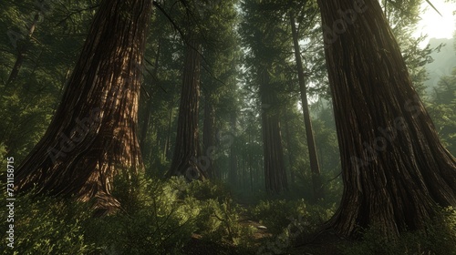 A serene 3d virtual forest scene with tall  majestic trees  bathed in sunlight. The dense foliage creates a play of light and shadow on the forest floor