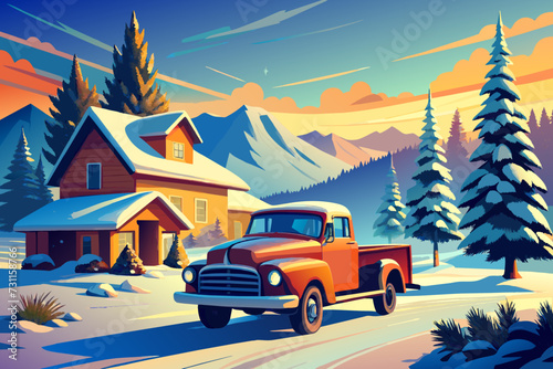 A vintage-style truck carrying a Christmas tree through the snow. vektor illustation