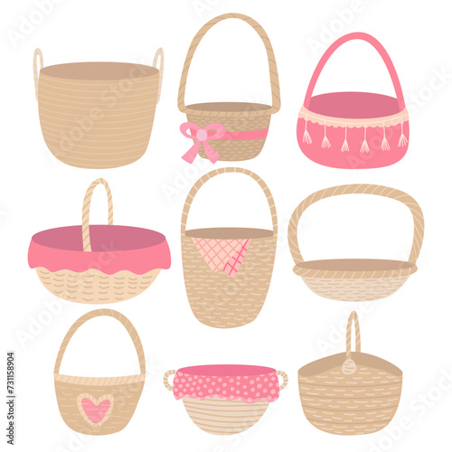 Set of wicker baskets. Vector flat differrent empty baskets set photo