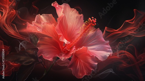 a symphony of rosy radiance with a torchlit hibiscus in the dark, each petal contributing to an exquisite composition in extreme macro. photo