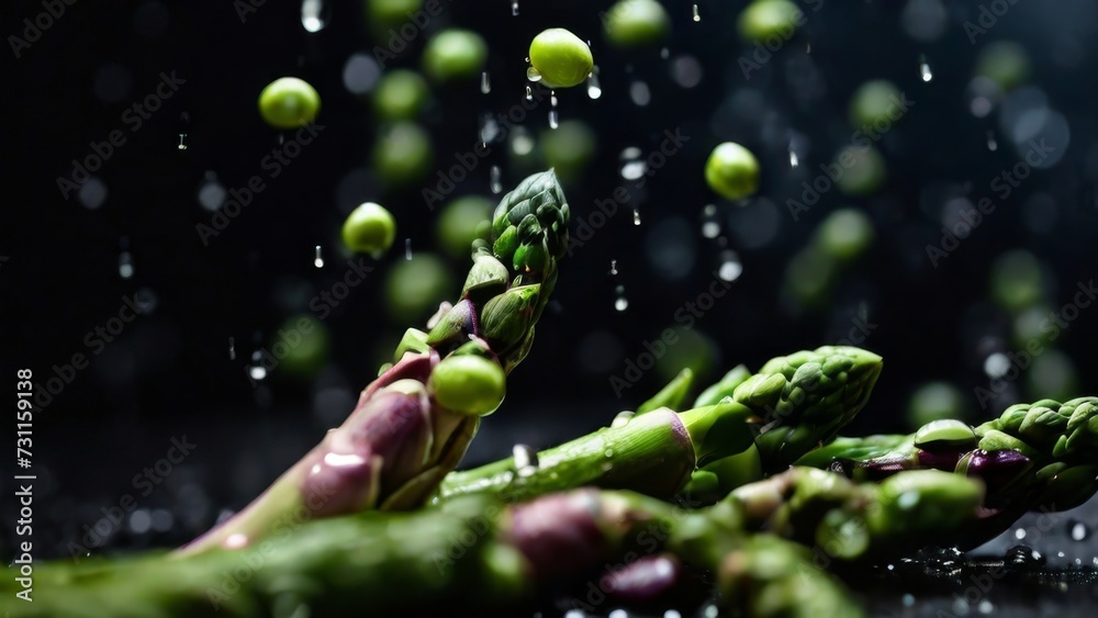 Fresh Asparagus with drops of water black blurred background