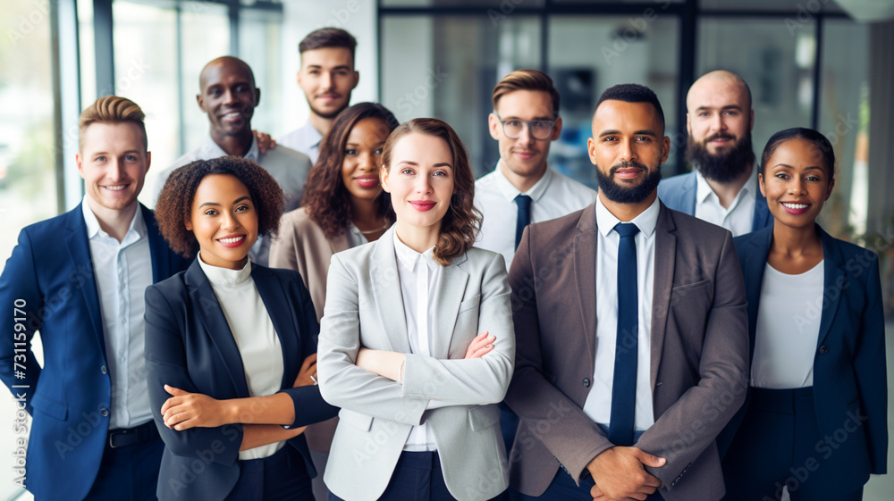 Portrait of a diverse group successful business team people standing together after a successful discussion in the office. Portrait of a diverse group successful business team people standing together after a successful discussion in the office.
