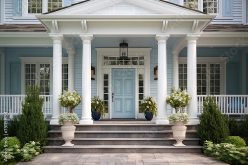 A photo of a house with blue exterior, adorned with white columns and featuring a vivid blue front door.