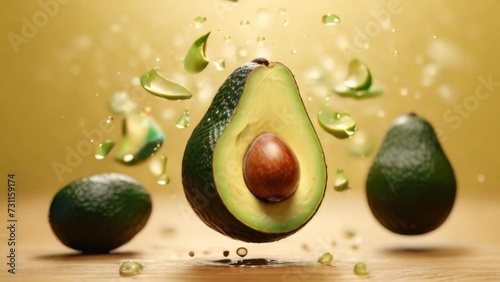 Fresh Avocado with drops of water on light yellow blurred background