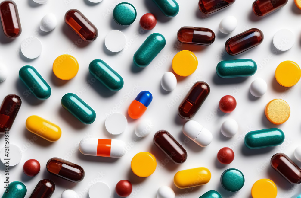 Pills on a white background. Multicolored vitamins full frame. Many different capsules. Pharmacy, chemistry concept. Abundance. Lots of antibiotics, drugs. Herbal medicine, chemical industry backdrop. Pills on a white background. Multicolored vitamins full frame. Many different capsules. Pharmacy, chemistry concept. Abundance. Lots of antibiotics, drugs. Herbal medicine, chemical industry backdrop.