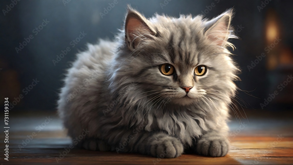 Cinematic Grey Fluffy Cat Side Angle