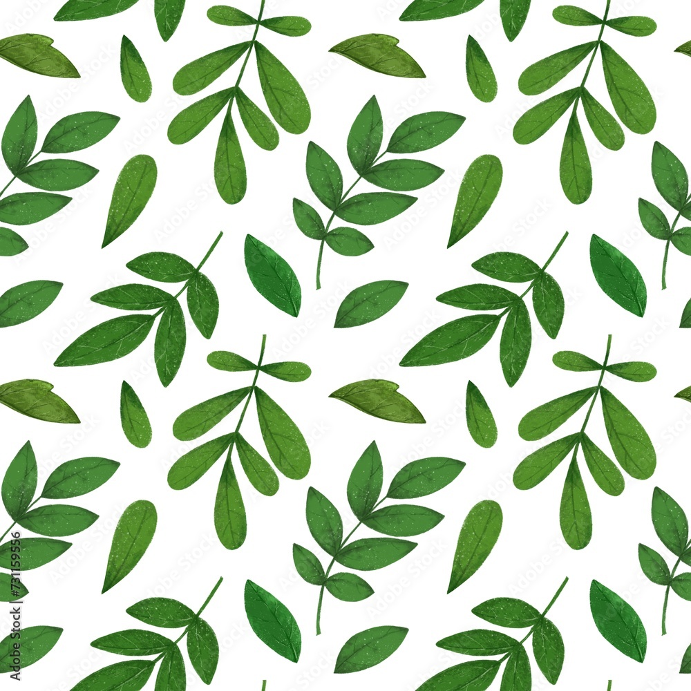 Seamless pattern of leaves, watercolor on a white background.