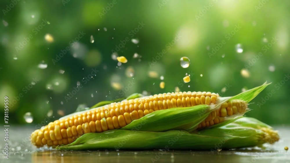 Fresh Corn flying with drops of water on green blurred background