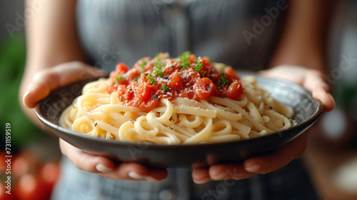 Plate of pasta with tomato sous on woman hands. Healthy food concept. photo