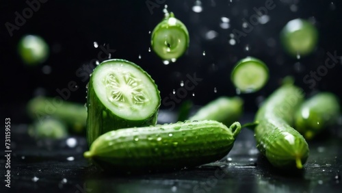 Fresh Cucumber with drops of water on black background
