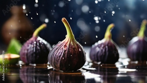 Fresh Fig flying with drops of water on sapphirine blurred background photo