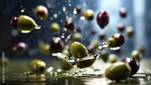 Fresh olives with drops of water on light blurred background