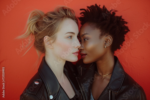portrait of a young beautiful interracial lesbian couple, homosexual love, lgbtq
