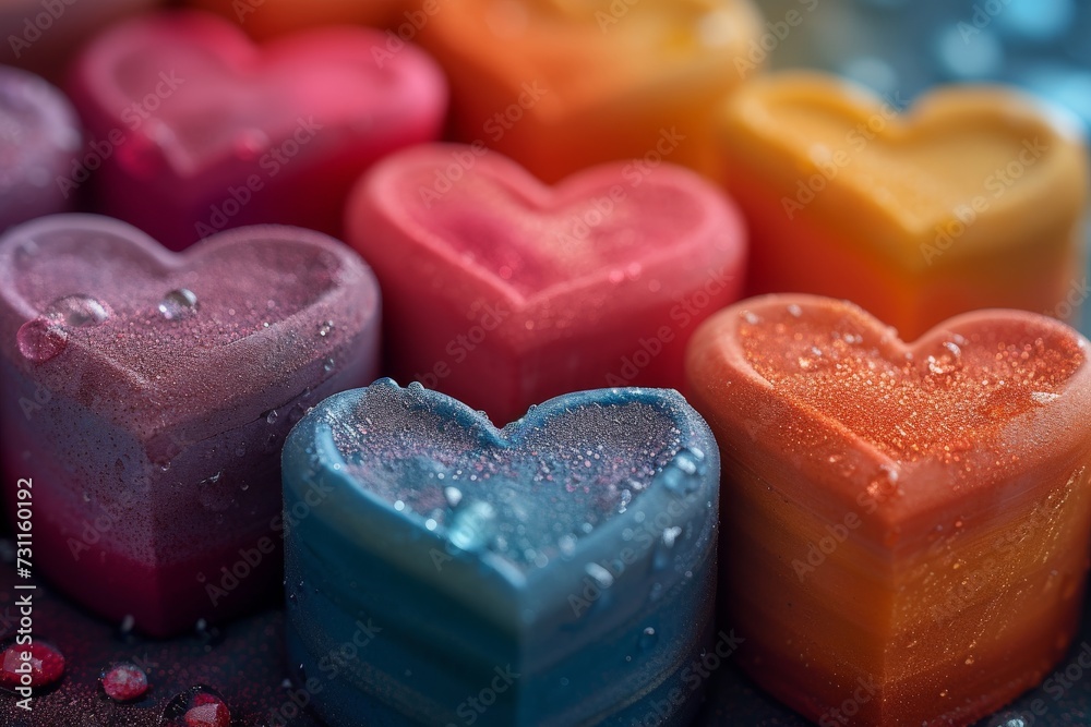 A vibrant display of love and sweetness, as gummy candies shaped into a heart are adorned with colorful food coloring and lit as confectionery candles