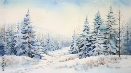Watercolor Winter Landscape with Coniferous Forest and Snow. Merry Christmas and Happy Winter