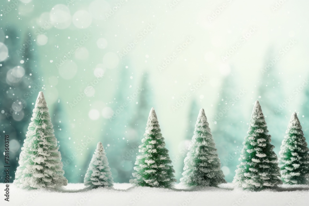 Vintage Christmas Decoration. Green Bottle Brush Trees with White Snow Tips on White Background