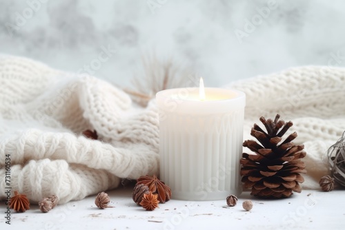 Winter Composition with Anise  Candles  and Knitted Sweater on White Background with Copy Space