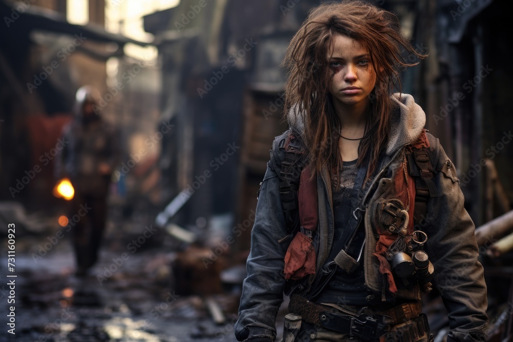 A woman with dreadlocks walks through a dirty street, navigating through debris and garbage, Post-apocalyptic attire in an urban wasteland scene, AI Generated