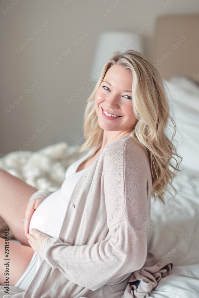 Pregnancy Bliss:A young blonde pregnant woman in the bedroom in summer Pregnancy Bliss:A young blonde pregnant woman in the bedroom in summer