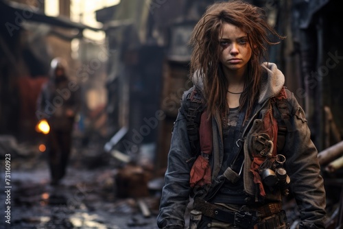 A woman with dreadlocks walks through a dirty street, navigating through debris and garbage, Post-apocalyptic attire in an urban wasteland scene, AI Generated © Iftikhar alam