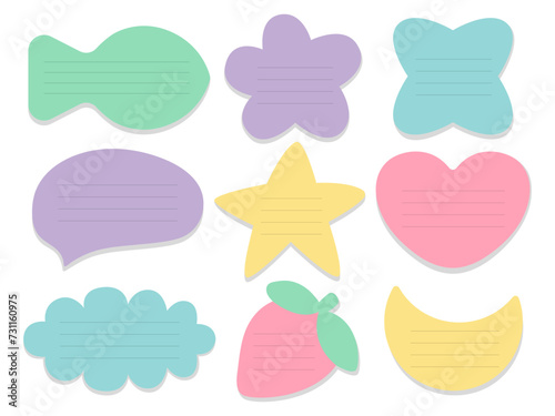 Paper blank sticky note flat set. Flat memo stickers different shapes vector set