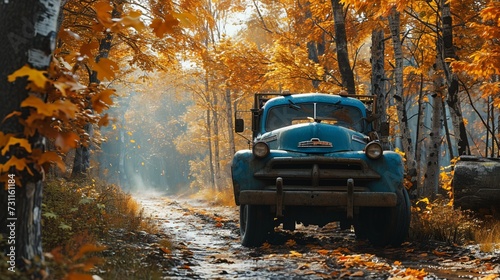 A blue heavy car driving through a vibrant autumn forest, leaves falling as it conquers the terrain.