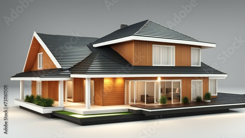 3d house model rendering on white background, Clean and precise 3D illustration modern cozy house. Concept for real estate or property.